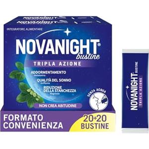 Novanight Tripla Azione Bustine, Magnesio, Melatonina per Dormire, Integratori per Dormire, Disturbi del Sonno - Senza Glutine, con Griffonia, Non Induce Dipendenza (40 Bst Gusto Camomilla e Agrumi)