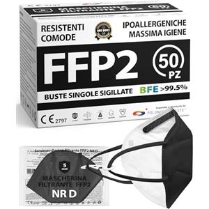 Polonord Adeste ADESTE - 50 Mascherine FFP2 NR D Nere Certificate CE, Filiera controllata, anallergiche, con elastici comodi e resistenti. Sicura: capacità filtrante >99,5%, Buste singole sigillate