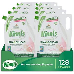 Winni's - Detersivo Liquido Bivalente per Lana e Delicati in Ecoformato, Ipoallergenico, 128 Lavaggi, Lavaggio a Mano e in Lavatrice, Essenza Fiori Rosa, 800 ml x 8 Confezioni