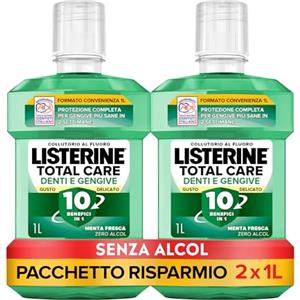 LISTERINE Denti e Gengive Gusto Delicato, Collutorio 0% alcol al gusto di Menta Fresca, Collutorio senza alcool con 10 benefici in 1, Confezione da 2 x 1L - Esclusiva Amazon