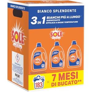 Sole Detersivo Lavatrice Bianco splendente 183 Lavaggi, Formula igienizzante, Detersivo Lavatrice Liquido Bianco Splendente, rimuove le macchie a basse temperature