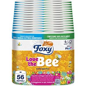 Foxy Love the Bee | Carta igienica 56 rotoli da 225 strappi | 2 veli elevato spessore | FSC |100% Energia elettrica rinnovabile| Confezione riciclabile prodotta con plastica riciclata, 1 item