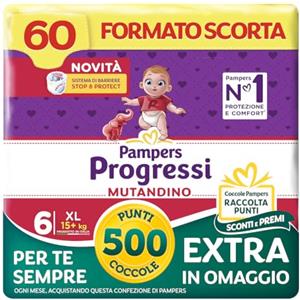 Pampers Progressi Mutandino XL +500 Punti Coccole extra in omaggio, Taglia 6 (15+ kg), 60 Pannolini (formato scorta)
