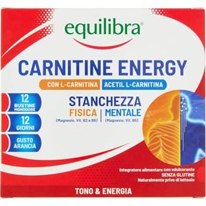 Equilibra, Carnitina, con L-Carnitina e Acetil L-Carnitina, 200mg, Integratore Energizzante, Stanchezza Fisica e Mentale, Magnesio Organico, Vitamine Gruppo B, Gusto Arancia, Senza Glutine, 12 Bustine