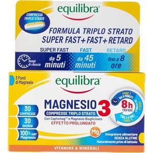 Equilibra, Magnesio 3, Magnesio Bisglicinato, Captomag™, Ossido, Integratore Stanchezza, Affaticamento, Funzione Muscolare, 30 Compresse Triplo Strato con Rilascio Differenziato, Vegan