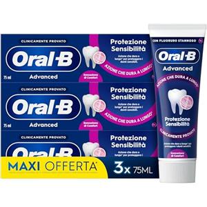 Oral-B Dentifricio Advanced Protezione Sensibilità Sapore Eucalipto & Menta Piperita per proteggere i denti sensibili 3x75ml, Advanced Sensitivity Protection, 225ml