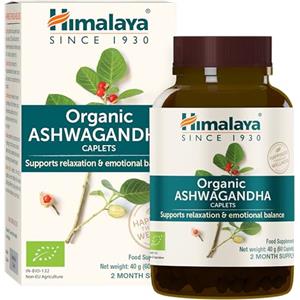 Himalaya Organic Ashwagandha (Indian Ginseng), Integratore a Base di Erbe per Alleviare lo Stress, Sostenere l'Energia, Insonnia, Certificato Biologico, Vegano, Senza Glutine, 670 mg, 60 Compresse