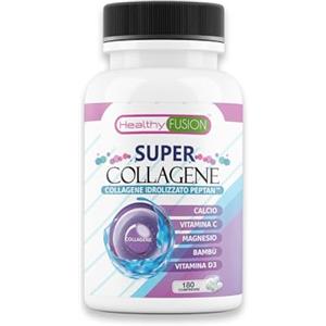 Healthy Fusion Super Collagene | Collagene Marino Peptan | Bambù, Calcio, Magnesio, Vitamina C e D3 |Vitalità e pelle rassodata | Protegge i muscoli e articolazioni | Azione antiossidante | 180 caps