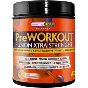 Healthy Fusion Pre workout Potente Pre-Allenamento | Beta Alanina + L-Arginina AAKG + Creatina + Caffeina + Taurina| Promuove lo sviluppo muscolare | Aumenta il rendimento fisico Gusto Arancia 300g