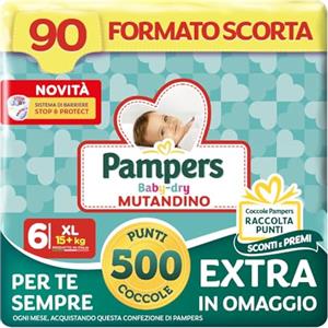 Pampers Baby Dry Mutandino XL +500 Punti Coccole extra in omaggio, Taglia 6 (15+ kg), 90 Pannolini (formato scorta)