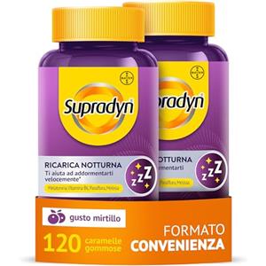 Supradyn Ricarica Notturna, Melatonina Per Dormire, con Vitamina B6, Passiflora e Melissa - Melatonina Forte 1mg Adulti - 120 caramelle gommose mirtillo