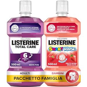 LISTERINE Collutorio Set Famiglia, Total Care, Menta Pura, 500 ml + Smart Rinse Kids, Senza Alcol e Senza Zucchero, Frutti Rossi, 500 ml per un'igiene orale completa - Esclusiva Amazon