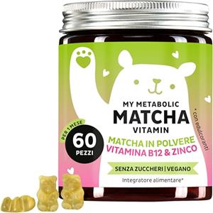 Bears with Benefits My Metabolic Matcha Vitamin Caramelle Gommose - Integratore Energizzante Naturale - Con Matcha, Coenzima Q10, Zinco, Vitamina B12-60 Pezzi (1 Mese) - Senza Zucchero, Vegano - Bears with Benefits
