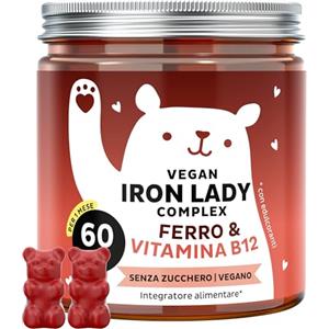 Bears with Benefits Iron Lady Vegan Complex - Complesso Vegano con Ferro ad Alto Dosaggio, Vitamina B12, B1, B6, C, D3 e Iodio - Gommose vitaminiche - 60 pezzi (1 Mesi) - Senza Zucchero, Vegano - Bears with Benefits