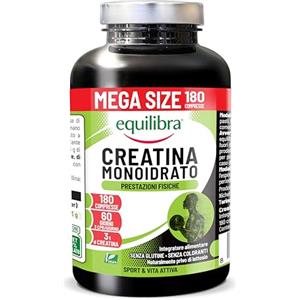 Equilibra Creatina Monoidrato, Vegana, 3000mg per dose max die, 180 Compresse, Scorta 2 Mesi, Senza Glutine, Ideale per il Pre Workout, per Uomini e Donne, Senza Coloranti, Senza Lattosio