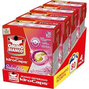 Omino Bianco Idrocaps - Detersivo Lavatrice in Capsule Salva Fibre, 80 Lavaggi, Efficace a Basse Temperature, Profumo Ninfea Rosa, 20 Caps x 4 Confezioni