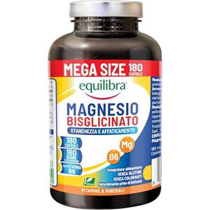 Equilibra Magnesio Bisglicinato, 180 Capsule, 250mg, con Vitamina B6, Scorta 6 Mesi, Vegan, Integratore Stanchezza e Affaticamento, Sistema Nervoso e Funzione Muscolare, Senza Glutine