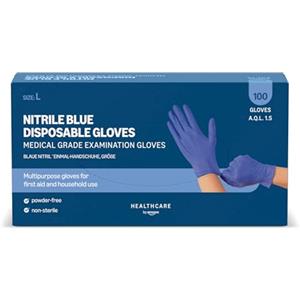 Amazon Basic Care Guanti monouso blu in nitrile, Senza polvere, Taglia L, 100 unità (Precedentemente Marchio Hevea)
