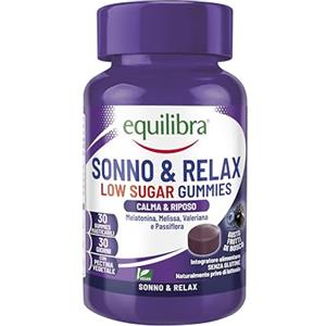 Equilibra, Melatonina in Gummies Low Sugar, 1 mg per Gummy, Vegan, Melatonina Sonno e Relax, per Favorire il Sonno, con Estratti Vegetali, a Base di Pectina, Senza Glutine, Gusto Lampone, 30 Gummies