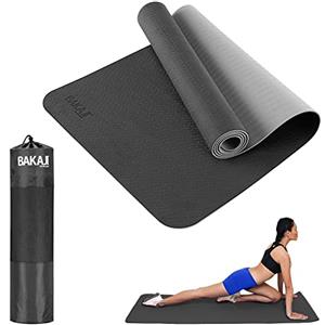 BAKAJI Tappetino Yoga in TPE Ecologioco Doppio Strato Antiscivolo Alta Densità Materassino Tappeto Allenamento Fitness Aerobica Palestra Ginnastica Dimensione 180 x 61 cm con Custodia (Nero/Grigio)