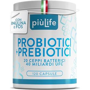 +LIFE Fermenti Lattici Probiotici E Prebiotici PiùLife, 40 Miliardi UFC Dose Da 20 Ceppi, Probiotici Per Intestino Con Inulina e FOS, Benessere Intestinale Gonfiore Addominale Intestino Pigro, 120 Capsule