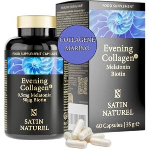 Satin Naturel Collagene Idrolizzato Marino con Acido Ialuronico + 0,5mg Melatonina - 580mg, Magnesio & Biotina - 60 Capsule - Integratore per Pelle, Ossa e Articolazioni