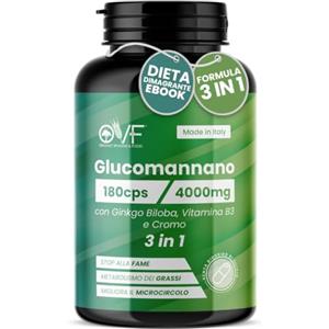 PARAFARMACIA, ORGANIC VITAMINS & FOOD OVF Glucomannano Forte 4000mg 180 cps - Glucomannano Naturale con Ginkgo Biloba, Vitamina B3 (Niacina), Cromo - Glucomannano Capsule che favoriscono il Microcircolo e il Senso di Sazietà
