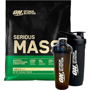 Optimum Nutrition Serious Mass Gainer Proteine Whey in Polvere per Aumentare la Massa Muscolare con Creatina Glutammina e Vitamine Vaniglia 5,45kg 16 Porzioni + SHAKER + REFORCE STEEL SHAKER
