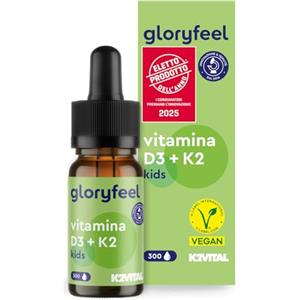 Gloryfeel Vitamina D3 Bambini, D3 K2 Gocce, Eletto PRODOTTO DELL'ANNO 2025, Integratore Vitamina D3 500 U.I. vegetale da Licheni + 25µg Vitamin K, 10ml (10 Mesi), Vitamine per Bambini a partire da 4 Anni
