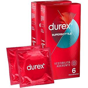 Durex Supersottile Preservativi Uomo in Lattice di Gomma Naturale Trasparenti e Lubrificati Forma Easy-On con Serbatoio Vestibilità Aderente Spessore Sottile - 2 Confezioni da 6 Profilattici