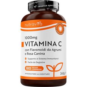 Nutravita Vitamina C 1000mg - 180 Compresse per 6 Mesi - Vitamina C Pura con Rosa Canina e Flavonoidi - Acido Ascorbico - 100% Vegan - Senza Glutine e OGM - Nutravita