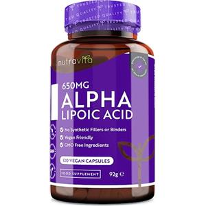 Nutravita Acido Alfa Lipoico 650 mg - 120 Capsule ad Alto Dosaggio - Adatte a un'alimentazione Vegana - Naturali al 100% Senza Leganti o Riempitivi Sintetici - Fornitura da 4 Mesi
