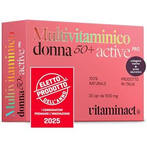 Vitaminact Multivitaminico Donna 50 anni - L'unico Potenziato Con Collagene Marino + Acido Ialuronico + Vitamine 100% Naturali Dalla A alla Z + Minerali - Per Donna Dopo i 50 Anni - Specifico per la Menopausa