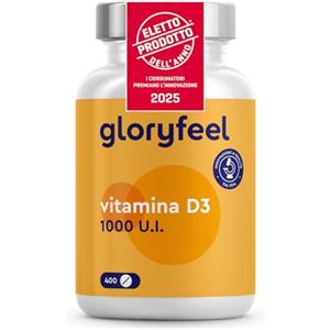 Gloryfeel Vitamina D3 1000 IU per Compressa (25mcg), Eletto PRODOTTO DELL'ANNO 2025, 400 Compresse (Scorta 1+ Anno), Integratore Vitamina D3 Colecalciferolo, Supporta Ossa, Denti, Muscoli e Difese Immunitarie