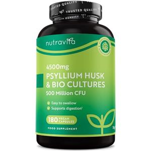 Nutravita Psyllium Husk 4500mg Vegan con 500 Milioni di CFU, Psyllium Husk Vegano, 180 Geluli di Bucce di Psillio - Integratore Alimentare Transito Intestinale (EFSA) Alternativa a Psyllium Polvere - Nutravita