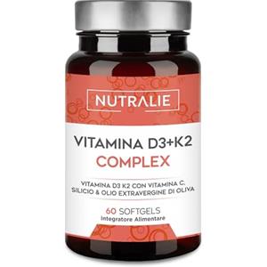 NUTRALIE Vitamina D3 e K2 10000 UI - Immunità Ossa e Muscoli - Vit D3 K2 MK7 con Vitamina C e Olio Extravergine di Oliva - 60 Softgel Vitamina D Complex Nutralie