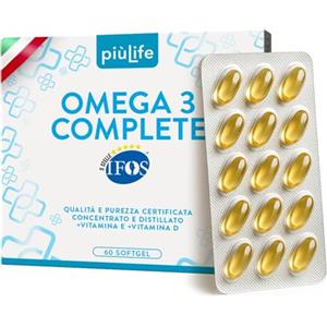 +LIFE Omega 3 IFOS 5 Stelle Certificato Con Vitamina D3 2000 UI PiùLife, 60 Softgel 2000mg EPA, 1000mg DHA Dose, Olio di Pesce Omega 3 Capsule Fish Oil, Trigliceridi, Cuore, Vista, Ossa, Cervello