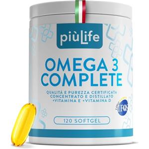 +LIFE Omega 3 IFOS 5 Stelle Certificato Con Vitamina D3 2000 UI PiùLife 120 Softgel 2000mg EPA, 1000mg DHA Dose, Olio di Pesce Omega 3 Capsule Fish Oil, Trigliceridi, Cuore, Vista, Ossa, Cervello