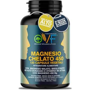 PARAFARMACIA, ORGANIC VITAMINS & FOOD OVF Magnesio bisglicinato 450mg | Magnesio Malato + Vitamina B6 | Ideale contro Stanchezza, Stress, Insonnia | 120 Capsule Vegetali | Magnesio Completo Made in Italy