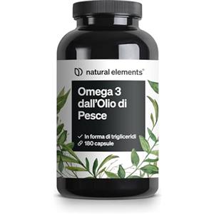 natural elements Omega 3-180 capsule - 2000 mg di olio di pesce per dose giornaliera - Forma di trigliceridi con EPA e DHA - Testato in laboratorio, purificato accuratamente e proveniente da acciughe peruviane