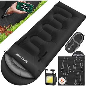 KESSER® Sacco a pelo | Sacco a pelo coperta | Sacco a pelo da campeggio | Leggero, portatile, caldo e idrorepellente, inclusa lampada da campeggio e tasca laterale, 220 x 83 cm - Nero
