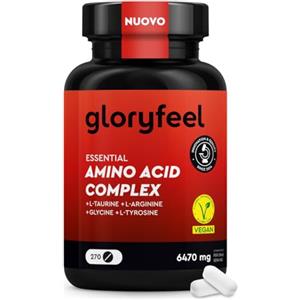 Gloryfeel Aminoacidi Essenziali, Complesso ad Alto Dosaggio, 270 Compresse, 12 Aminoacidi (6.470 mg), EAA Amino 8 + L-Arginina, L-Carnitina, Taurina e Glicina, Vegan, Testato in Laboratorio, Senza Additivi