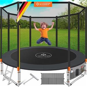 KESSER Trampolino esterno Ø 244/305/366/427 cm, set completo con rete di sicurezza, scala, copertura del bordo e tasca laterale e accessori di montaggio, trampolino da giardino, portata 150 kg