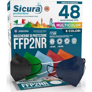 SICURA MASCHERINE CHIRURGICHE 48 Mascherine FFP2 Certificate CE Colorate Made in Italy SICURA Protection BFE ≥99% Mix di 6 Colori Mascherina FFP2 EFFETTO PULITO Blu, Arancioni, Rosse, Nere, Azzurre e Verdi