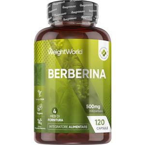 WeightWorld Berberina Vegana (Fornitura per 4 Mesi), 1 Capsula al Giorno di Pura Berberina 500 mg HCL 95%, Proveniente dalla Berberis Vulgaris, Integratore con 120 Capsule, Senza Magnesio Stearato né Allergeni
