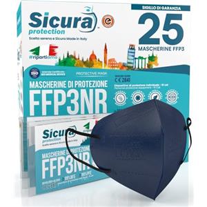SICURA MASCHERINE CHIRURGICHE 25 Mascherine FFP3 Certificate CE BLU elastici Neri Made in Italy logo SICURA impresso PFE ≥99% | BFE ≥99% Mascherina ffp3 SANIFICATA e sigillata singolarmente