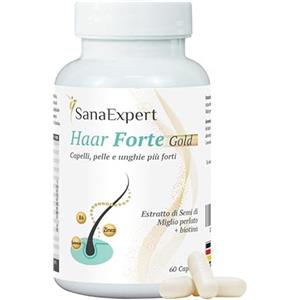 SanaExpert Haar Forte Gold - Integratore Premium per Rinforzare i Capelli - Estratto di Bambù, Melanina, Biotina e Zinco - Ingredienti naturali, vegano - 60 Capsule - Prodotto in Germania