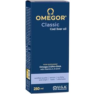 Omegor Olio di Fegato di Merluzzo Liquido OMEGOR Classic 250ml - Senza Retrogusto di Pesce - Omega 3 Liquido 1000mg con Vitamine A, D, E - 540mg DHA 360mg EPA