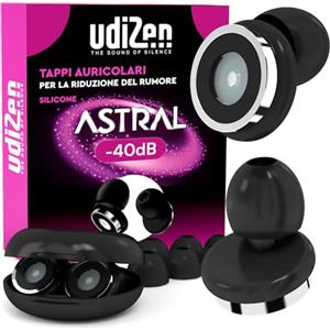 Udivita Tappi per Orecchie Antirumore per Dormire Viaggiare Studiare -40dB UdiZen Astral - 1 Paio Inserti Auricolari Ergonomici Riutilizzabili Insonorizzanti Riduzione Rumore SNR 40dB Colore Nero con Custodia