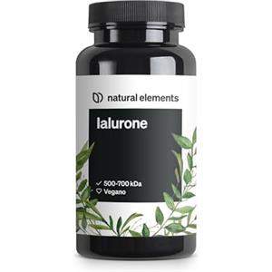 natural elements Integratore Acido ialuronico vegano - 500mg di acido ialuronico puro/capsula - 500-700 kDa - ad alto dosaggio, senza additivi - prodotto e testato in laboratorio in Germania